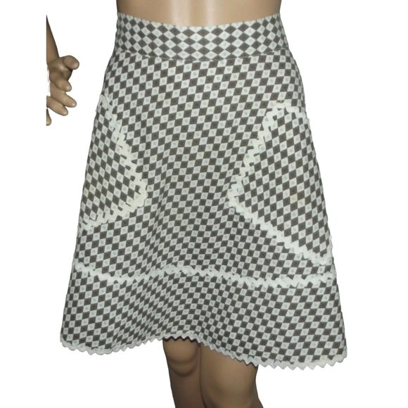 Vintage Apron Brown White Geometric Diamond Print rick rack trim pockets tie bac - Picture 1 of 11